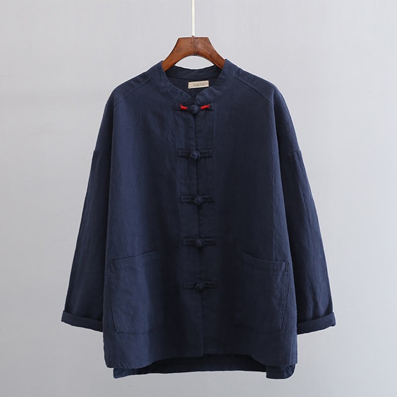 Solid Color Frog-button Long Sleeve Linen Women's Shirts With Pockets