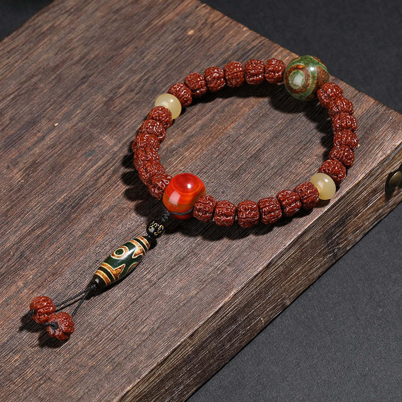 Tibet Rudraksha Bodhi Seed Dzi Bead Lucky Cat Dancing Lion Wealth Bracelet Wrist Mala