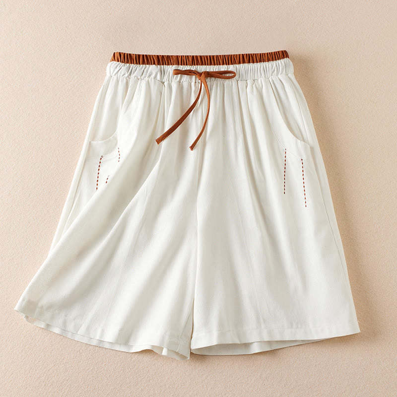 Wild Simple Design Embroidery Drawstring Cotton Linen Women's Shorts With Pockets