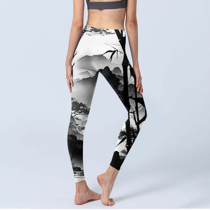 Ink Painting Bamboo Pine Mountain Scenery Print Gym Leggings Women's Yoga Pants