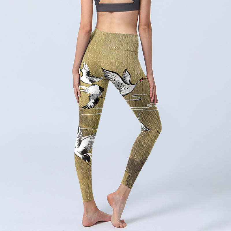 Trees Cloud Red-crowned Crane Pattern Print Gym Leggings Women's Yoga Pants