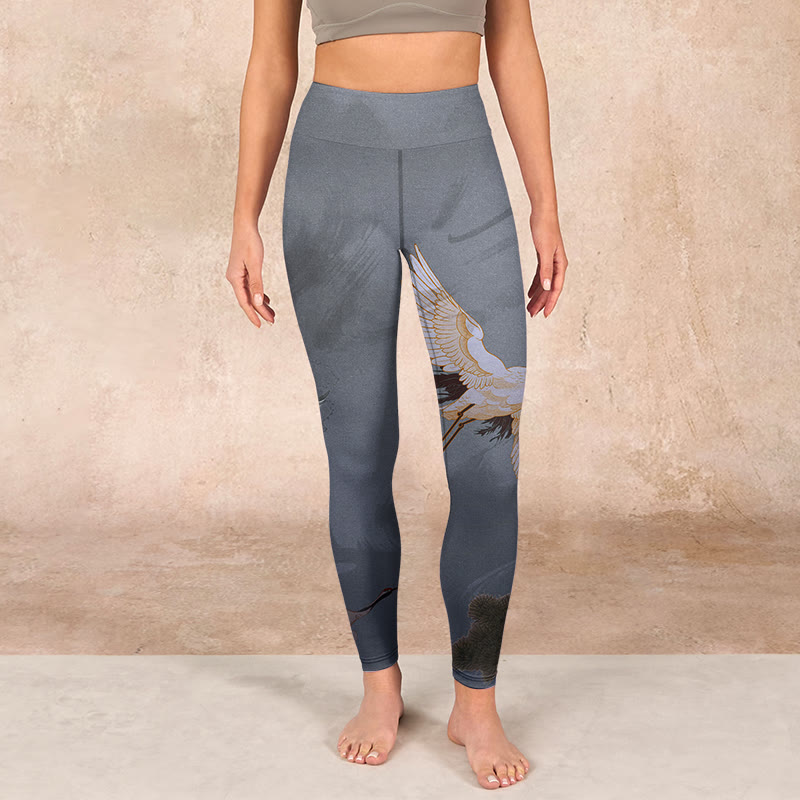 Auspicious White Crane Pine Tree Print Gym Leggings Women's Yoga Pants