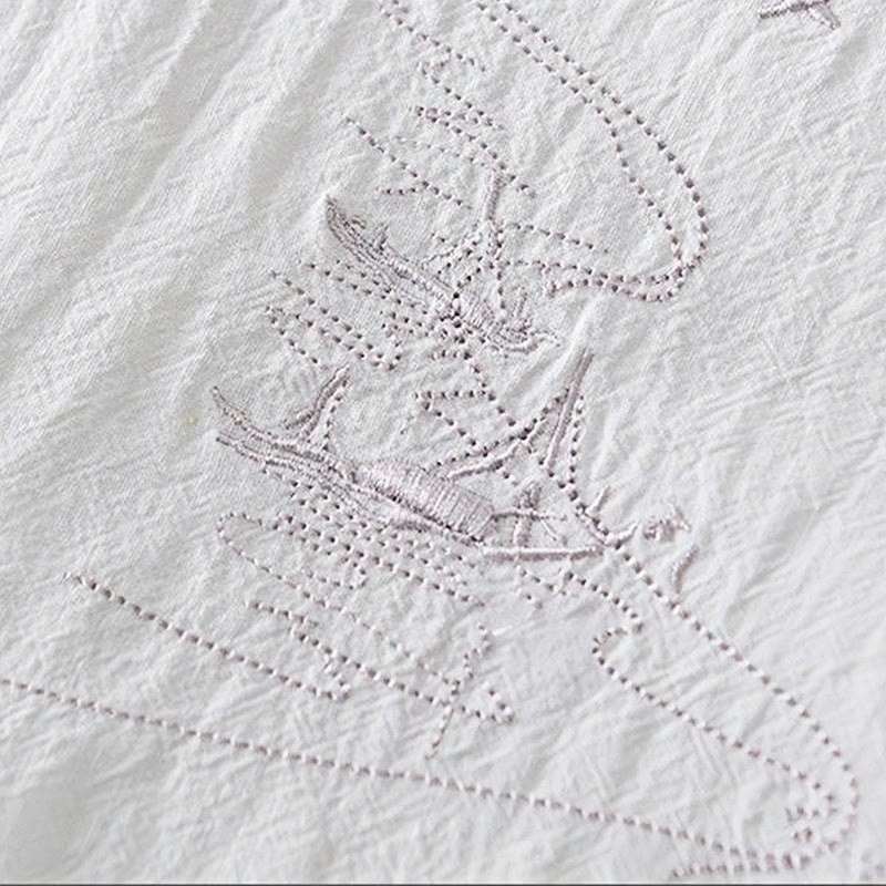 Frog-button Mandarin Collar Embroidery Cotton Linen Short Sleeve Men's Shirt