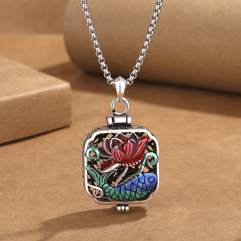 Koi Fish Lotus Copper Coins Luck Ghau Prayer Box Necklace Pendant