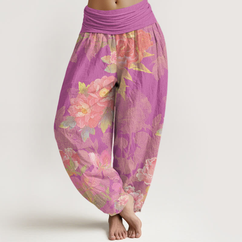 Big Pink Peonies Green Leaves Women's Elastic Waist Harem Pants