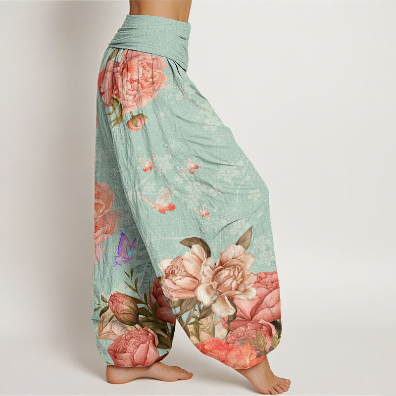Casual Bright Peony Flower Butterfly Women's Elastic Waist Harem Pants