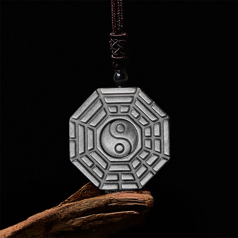 Silver Sheen Obsidian Bagua Yin Yang Symbol Protection Necklace Pendant
