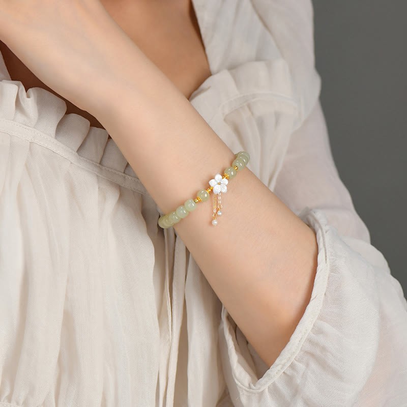 925 Sterling Silver Natural Hetian Jade Luck Flower Bracelet
