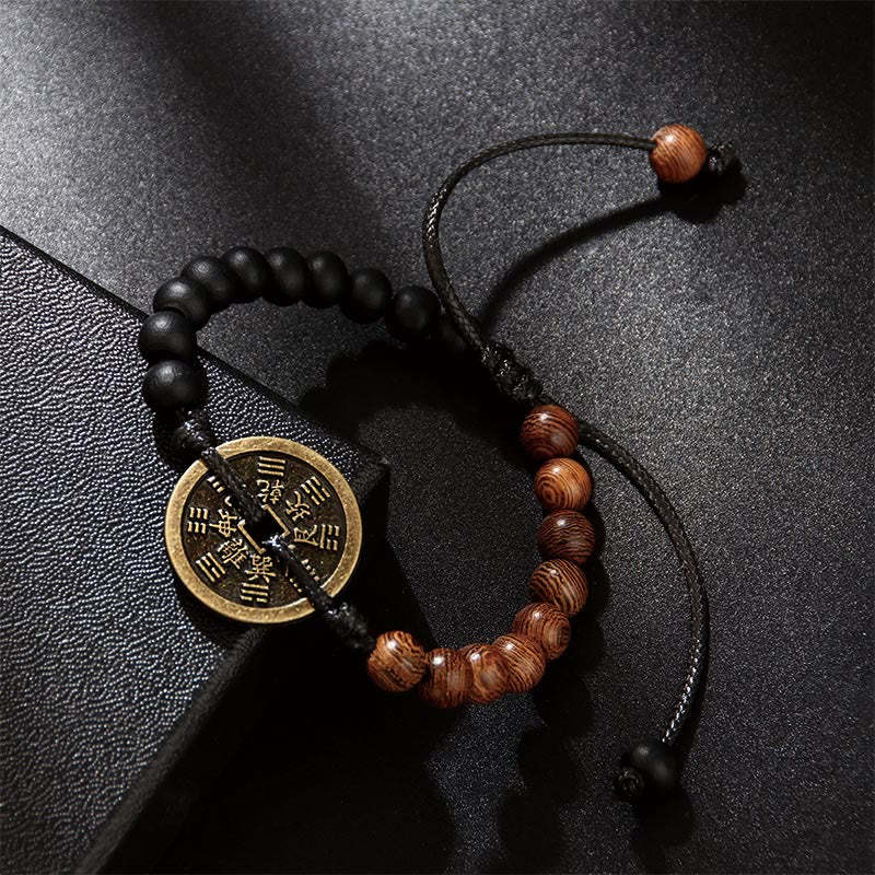 Ebony Wood Wenge Wood Mountain Ghosts Spend Money Bagua Copper Coin Peace Bracelet