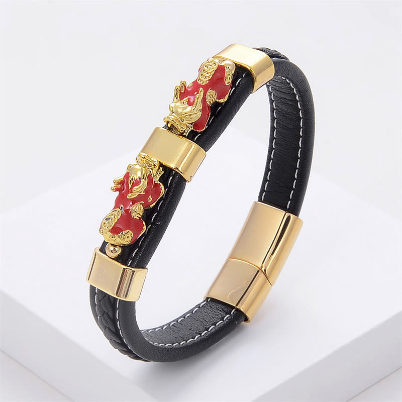 Double PiXiu Wealth Luck Leather Magnetic Buckle Bracelet