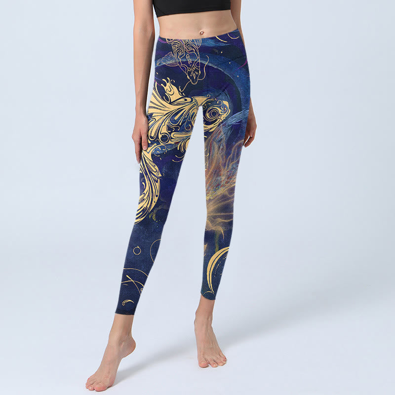 Blue Koi Fish Auspicious Clouds Print Gym Leggings Women's Yoga Pants