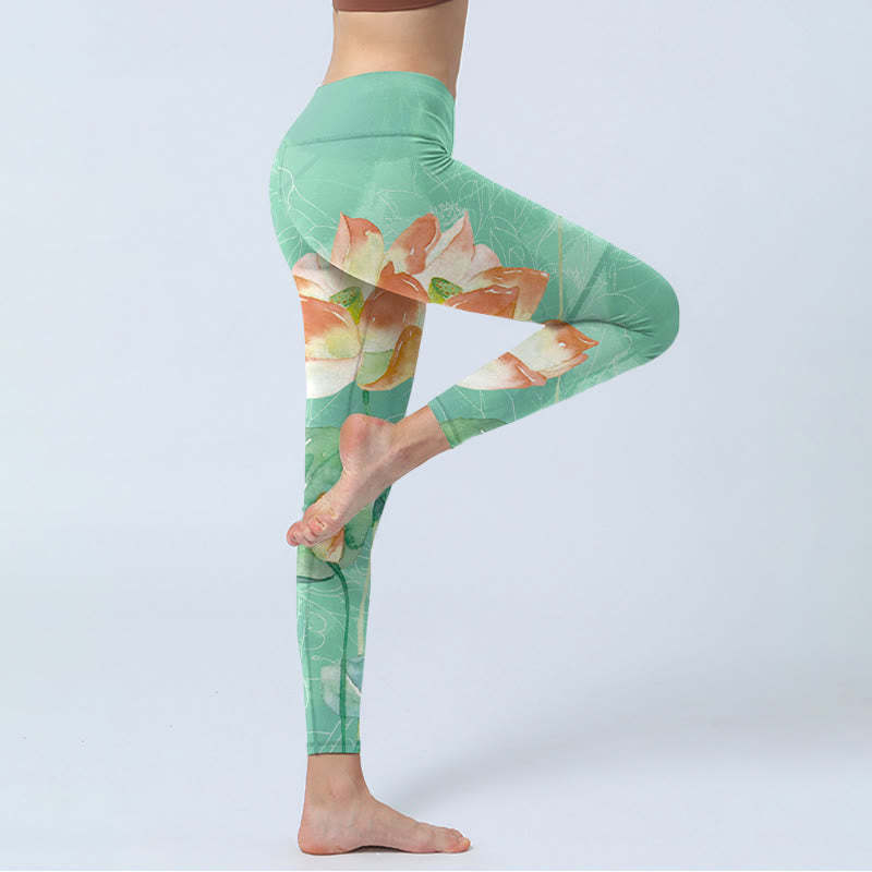 Lotus Leaves Seed Pods Print Gym Leggings Women's Yoga Pants