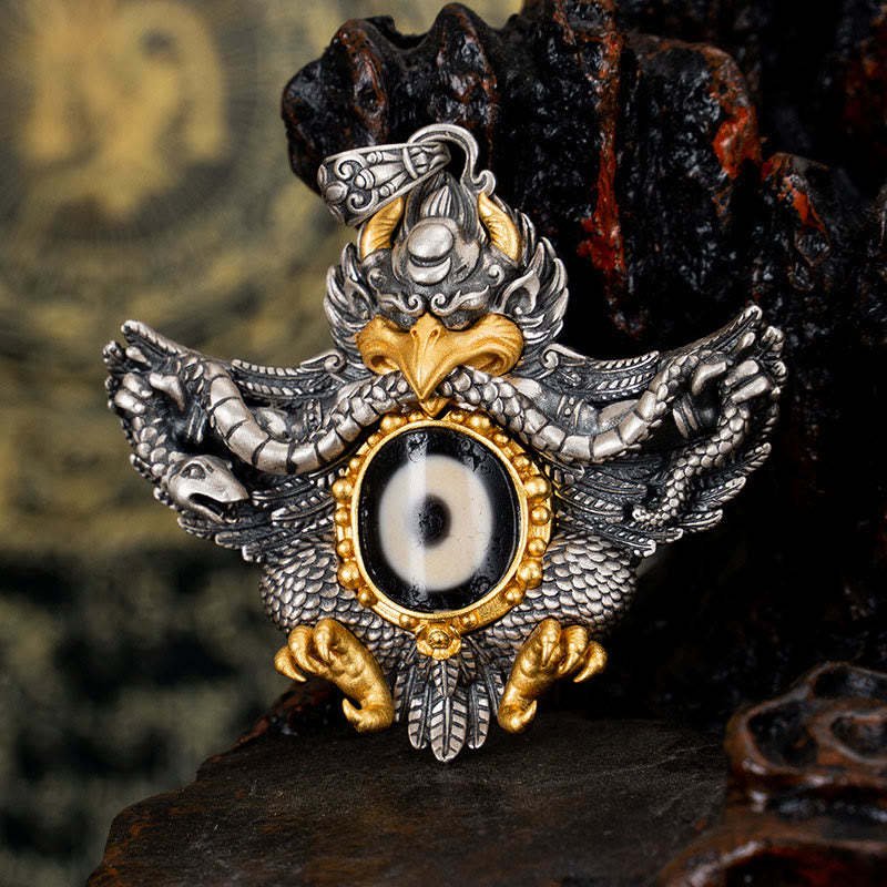 925 Sterling Silver Tibet Garuda Bird Dzi Bead Protection Necklace Pendant