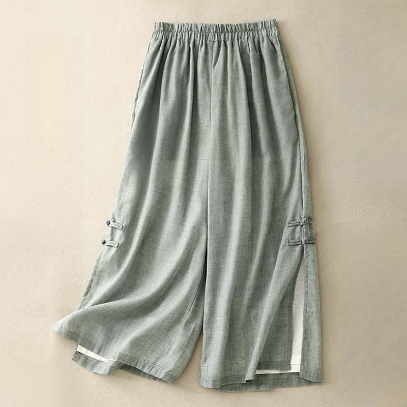 Casual Plain Color Chinese Frog Button Cotton Linen Women's Wide Leg Pants