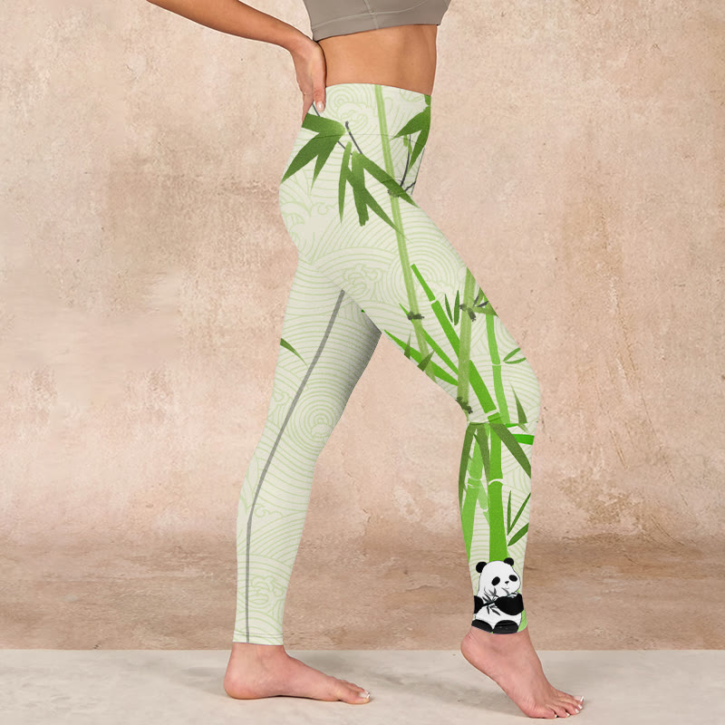 Lush Bamboo Panda Auspicious Cloud Waves Print Gym Leggings Women's Yoga Pants
