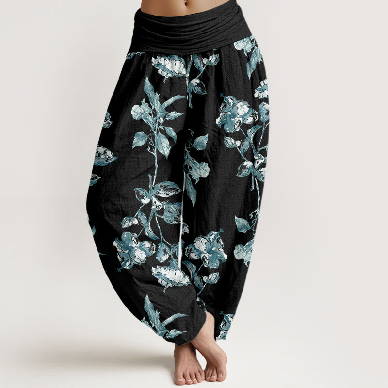 Rose Flowers Pattern Women's Elastic Waist Harem Pants