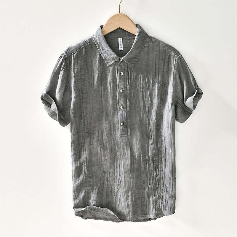 Causal Plain Lapel Ramie Linen Half Button Men's Shirt