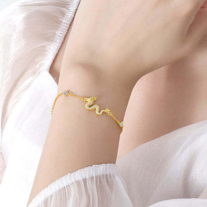 925 Sterling Silver Year Of The Dragon Auspicious Golden Dragon Luck Red Rope Chain Bracelet (Extra 30% Off | USE CODE: FS30)