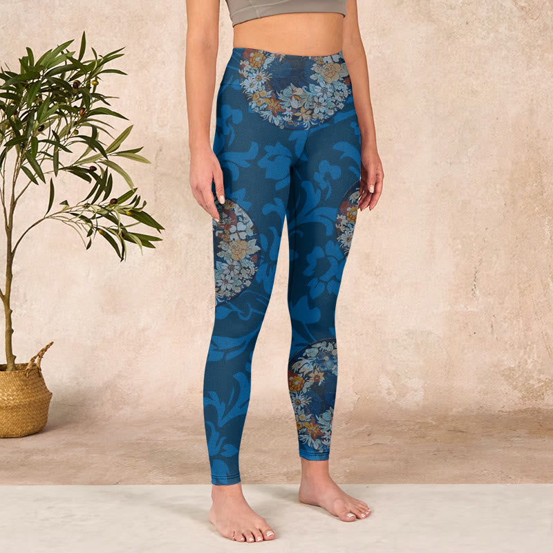 Dark Blue Flowers In Bloom Print Sports Leggings Women's Yoga Pants