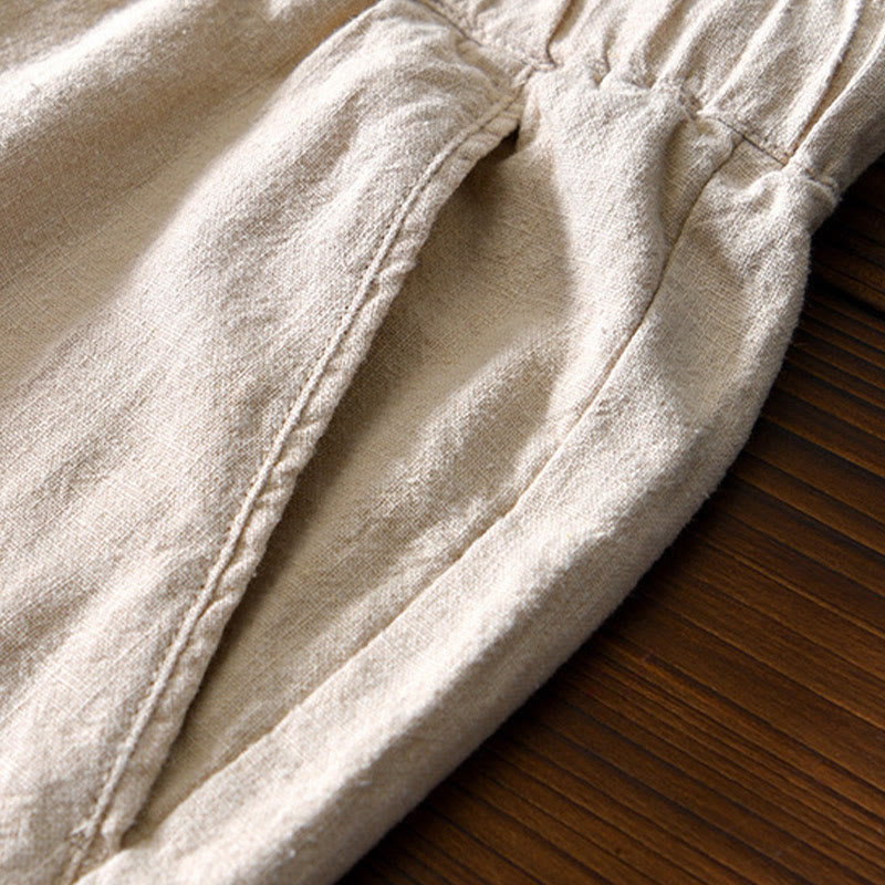 Casual Solid Color Simple Design Drawstring Ramie Linen Men's Pants With Pockets
