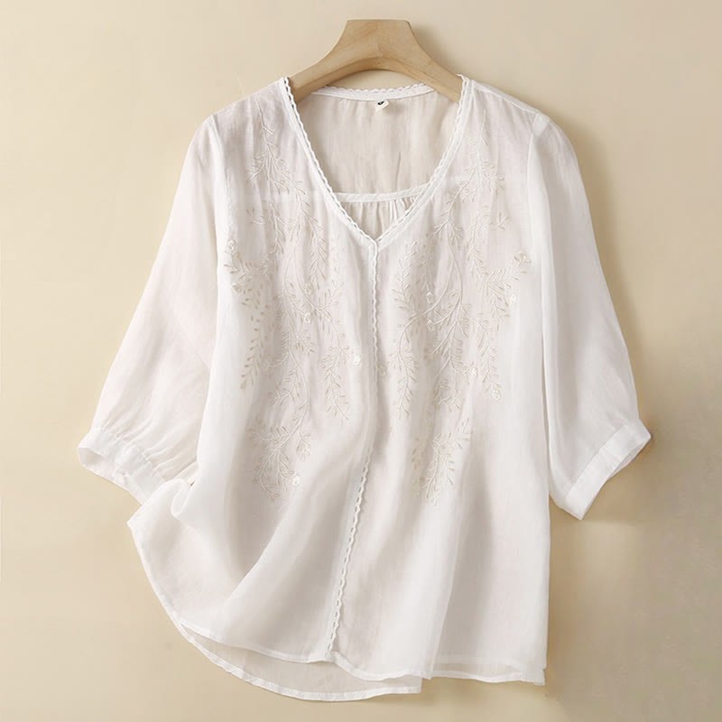 Summer Casual Flower Branches Embroidered Pattern V-Neck Half Sleeve Cotton Linen Women's T-shirt