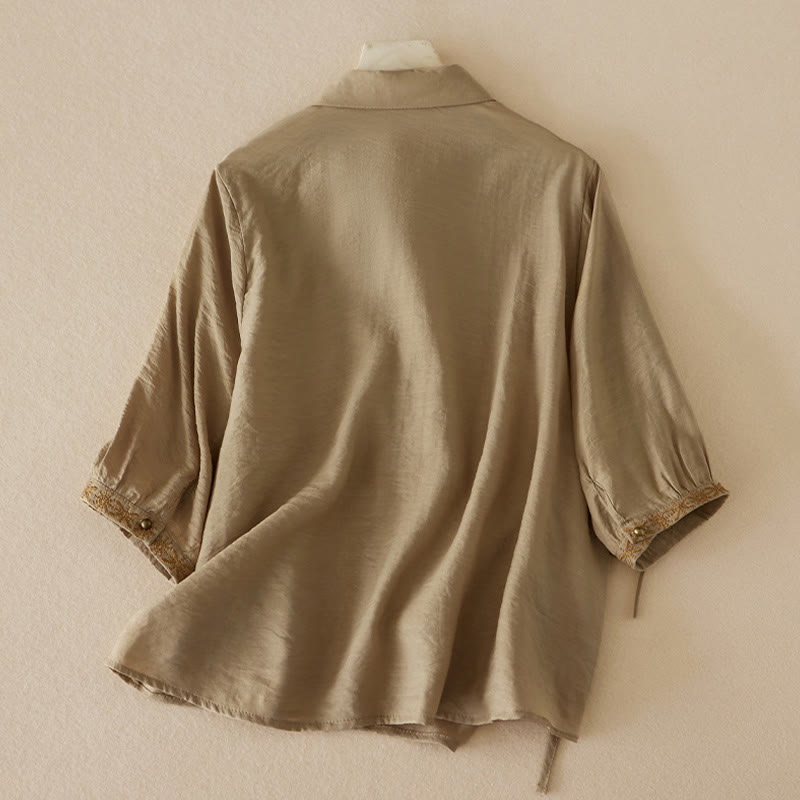 Casual Women's Embroidery Lace-up Top Stand Collar Design Three Quarter Sleeve Cotton Shirt