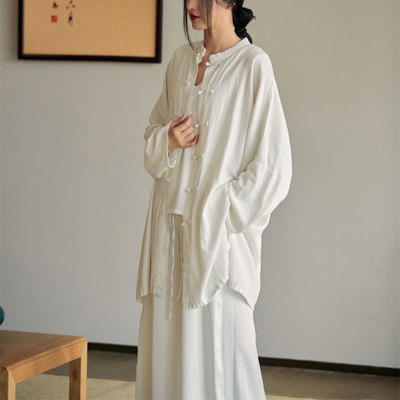 Plain Frog-Button Design Shirt Zen Tai Chi Meditation Top Clothing Cotton Linen Jacket