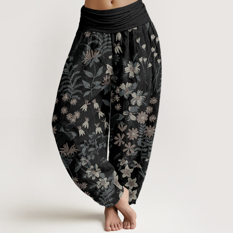 Casual Daisy Flowers Leaves Design Women's Elastic Waist Harem Pants
