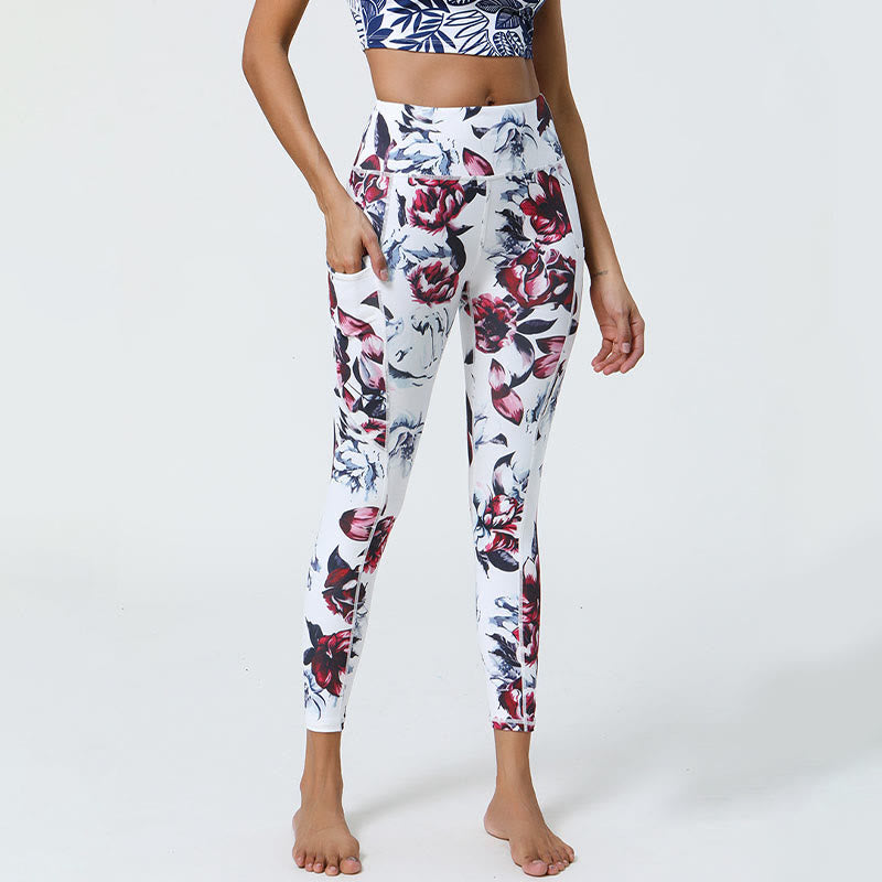 Rose Lines Tiger Leopard Print Sports Fitness High Waist Leggings Women's Yoga Pants With Pockets