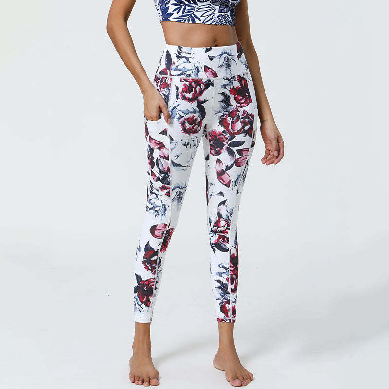 Rose Lines Tiger Leopard Print Sports Fitness High Waist Leggings Women's Yoga Pants With Pockets