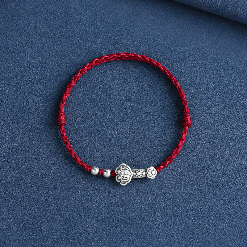 Handmade 999 Sterling Silver Fu Character Wish Ruyi Handle Fortune Rope Bracelet Anklet