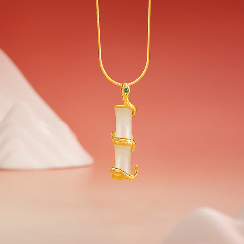 Hetian Jade 925 Sterling Silver Year of the Snake Bamboo Growth Necklace Pendant