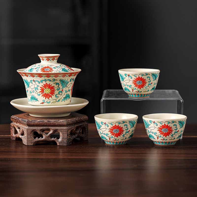 A Panorama of Rivers and Mountains Flowers Ceramic Gaiwan Sancai Teacup Kung Fu Tea Cup And Saucer With Lid