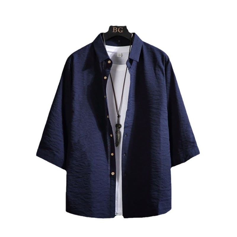 Casual Solid Color Front Button Three Quarter Sleeves Men's Shirt