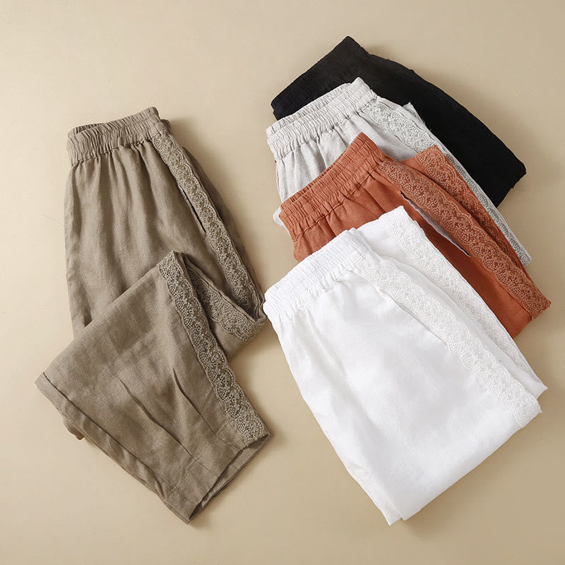 Plain Color Flower Embroidery Side Linen Women's Pants With Pockets