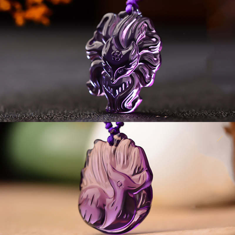 Natural Amethyst White Crystal Citrine Nine Tailed Fox Luck Necklace Pendant