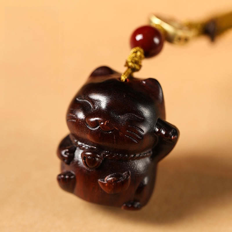 Small Leaf Red Sandalwood Green Sandalwood Sandalwood Lucky Cat Protection Key Chain Phone Hanging Decoration