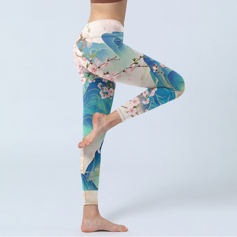 Plum Blossoms Mountains Print Gym Leggings Women's Yoga Pants