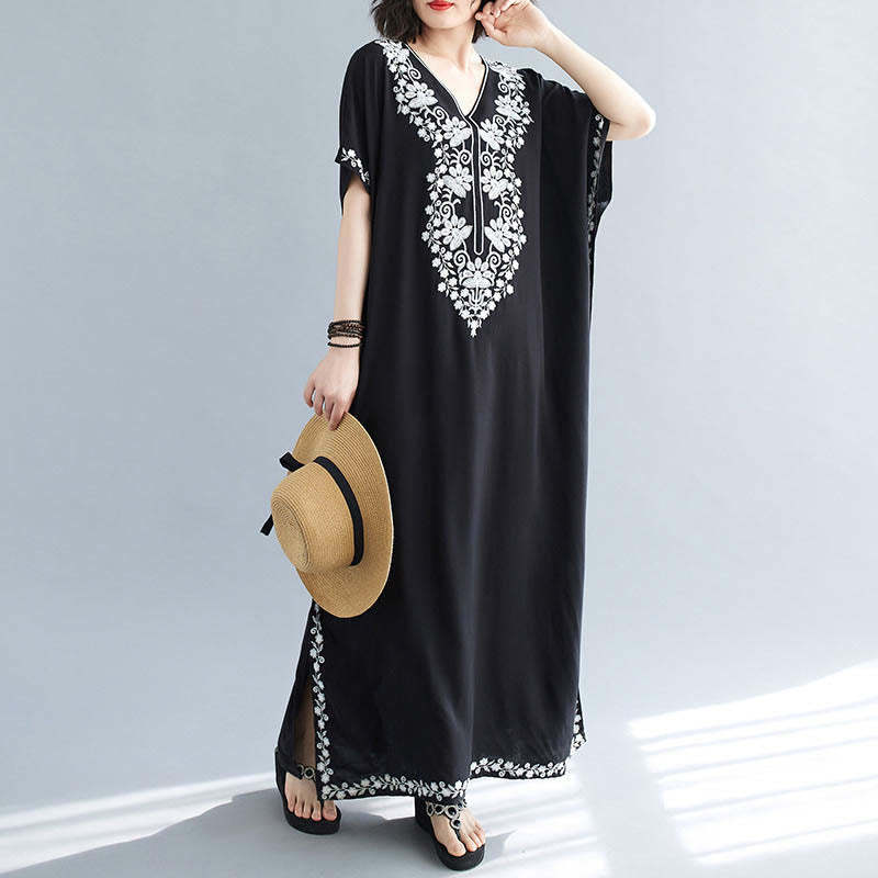 Summer Embroidery Flower V-Neck Short Sleeve Maxi Dress