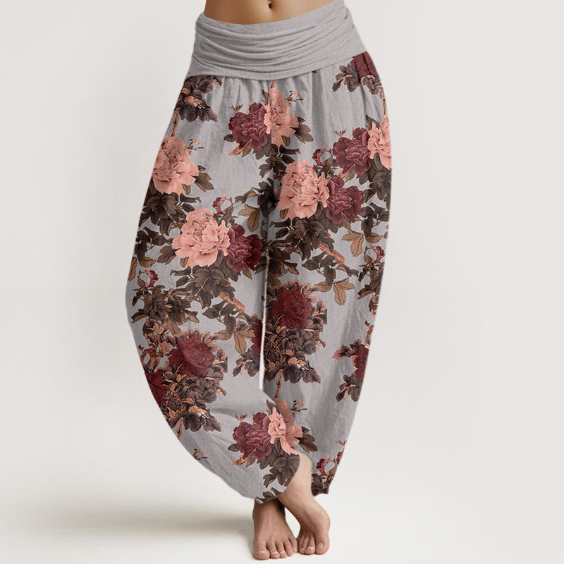 Casual Lush Peony Flowers Leaf Pattern Women's Elastic Waist Harem Pants