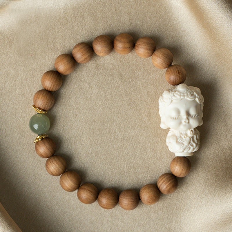 Sandalwood Hetian Jade Ivory Fruit Green Tara Protection Bracelet