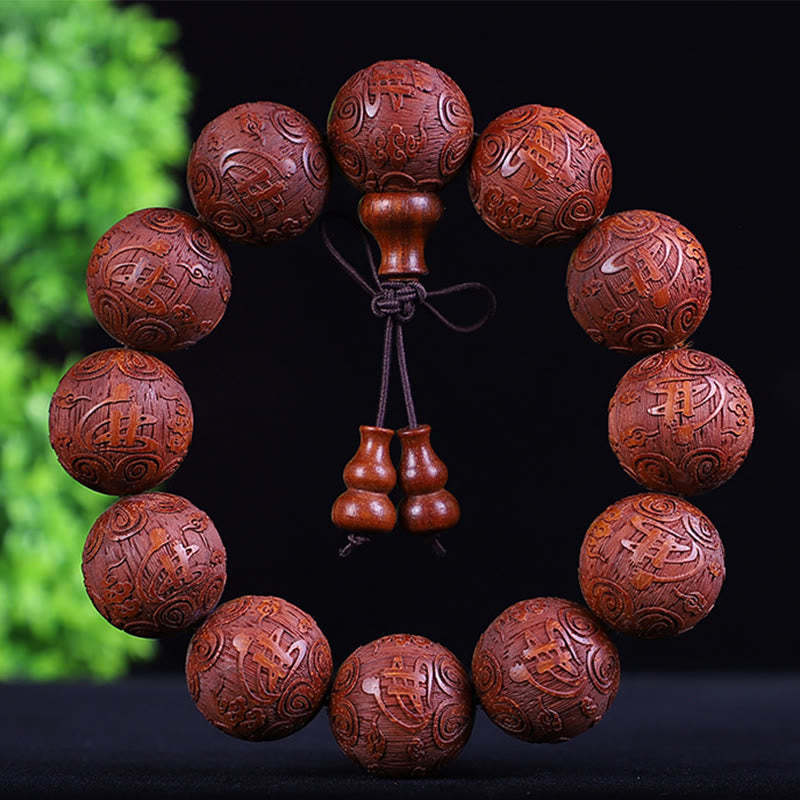 Chinese Zodiac Rosewood Ebony Boxwood Copper Coin PiXiu Carved Warmth Bracelet