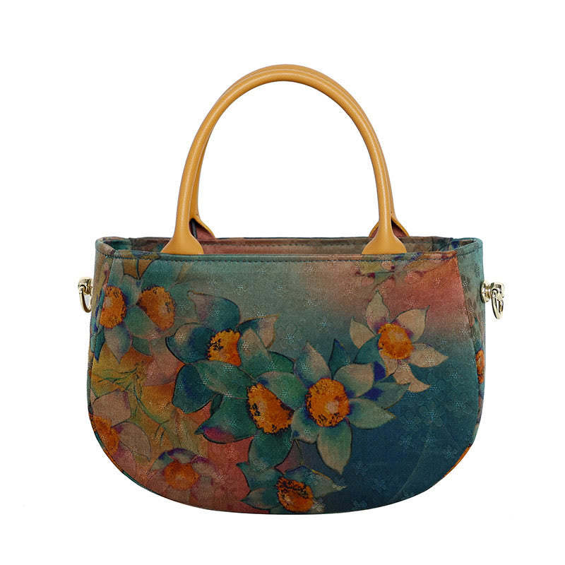 Vintage Flower Peony Metal Chain Zipper Handbag Crossbody Bag Shoulder Bag