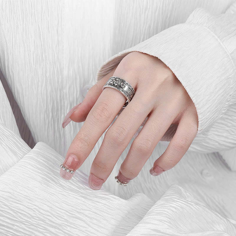 925 Sterling Silver PiXiu Scripture Carved Wealth Adjustable Ring