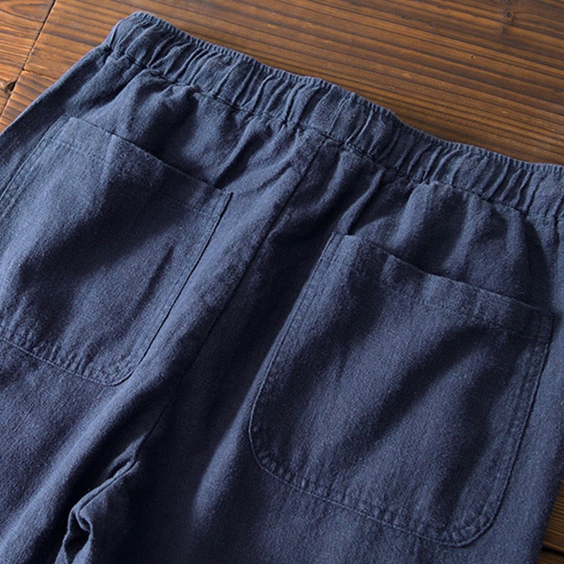 Casual Solid Color Simple Design Drawstring Ramie Linen Men's Pants With Pockets