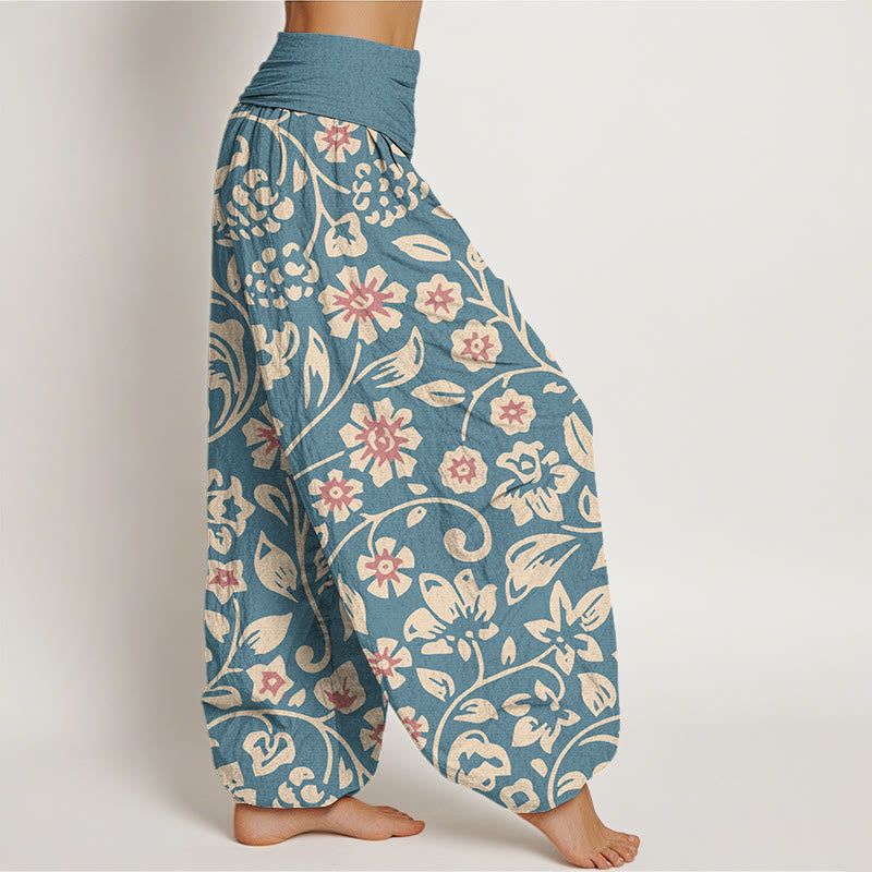 Casual Beige Pink Flowers Grapes Design Women's Elastic Waist Harem Pants
