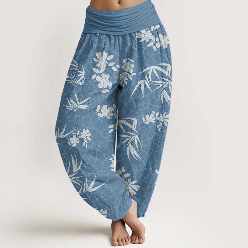 Bamboo Flowers Pattern Women's Elastic Waist Harem Pants