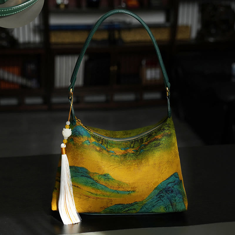 Lotus Bamboo Crane Deer Butterfly Mountain Xiangyunsha Silk Song Brocade Crossbody Bag Shoulder Bag