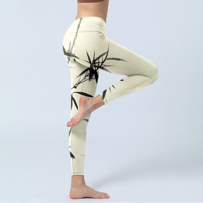 Ink Painting Bamboo Leaves Print Sports Leggings Women's Yoga Pants