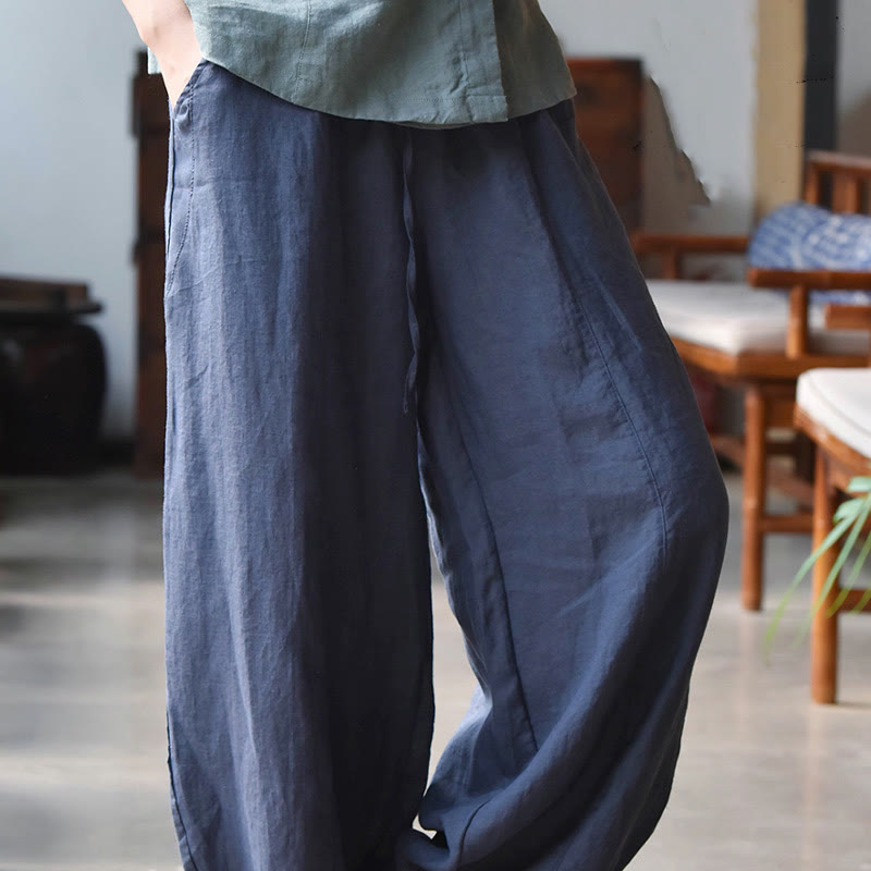 Casual Plain Loose Rope Women's Cotton Linen Pants With Pockets